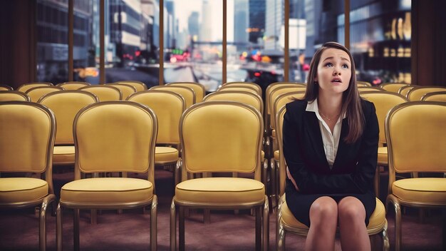 Foto jovem mulher muito ocupada sentada sozinha na sala de conferências muitas cadeiras amarelas