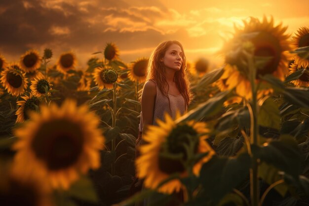 Jovem mulher na natureza do campo de girassol