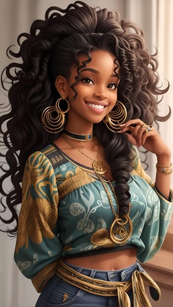 jovem mulher negra com cabelo ondulado usando grandes brincos sorriso olhos claros vestindo roupas casuais