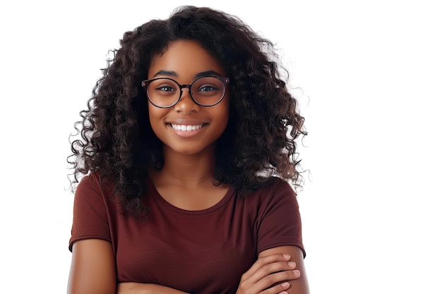 Jovem mulher negra com óculos posando