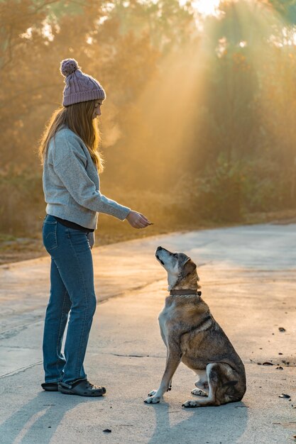 Jovem mulher passeando com seu cachorro na natureza com os raios do sol da manhã, brilho quente e longas sombras