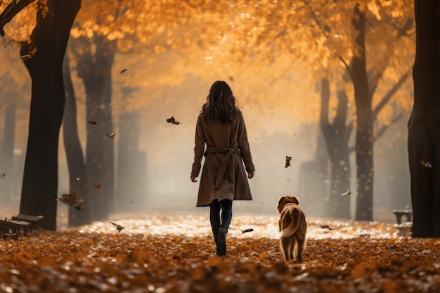 jovem mulher passeando com seu cachorro no parque em dia de outono vista por trás AI Generated