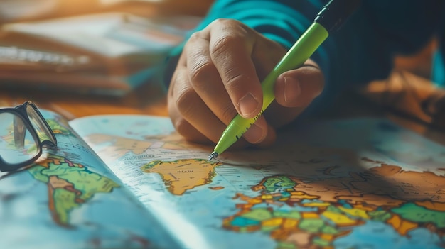 Foto jovem mulher planejando sua próxima viagem enquanto está sentada em sua mesa em casa ela está olhando para um mapa do mundo e marcando os lugares que ela quer visitar