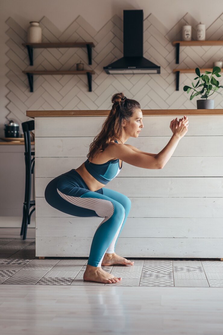 Foto jovem mulher praticando agachamento. mulher fazendo exercícios em casa.