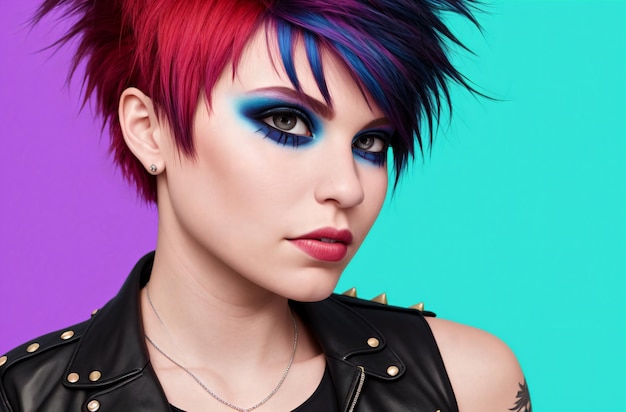 Jovem mulher punk Retrato de mulher vulgar com imagem brilhante estilo ousado Generative AI