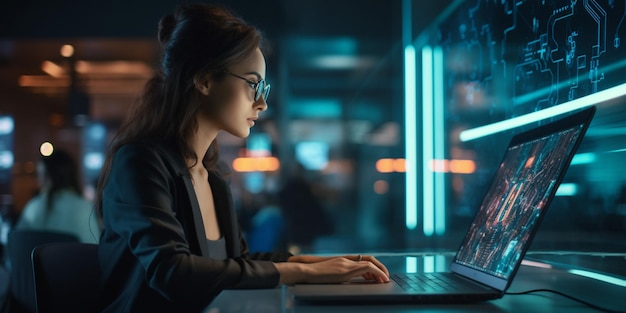 Jovem mulher que trabalha no computador Neon estilo cyberpunk