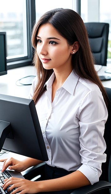 Jovem mulher que trabalha no escritório de negócios moderno