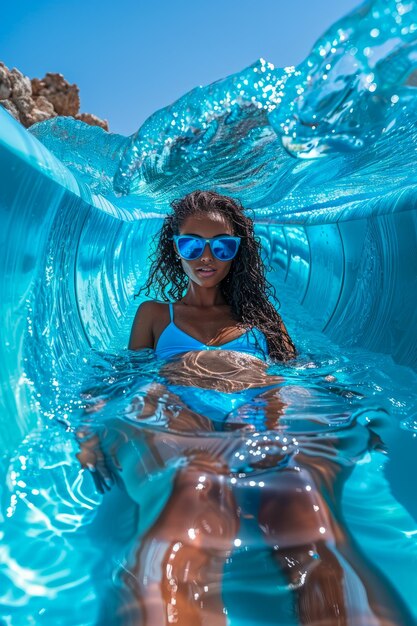 Jovem mulher relaxando na água azul espumante do oceano dentro de uma canoa transparente em um dia ensolarado