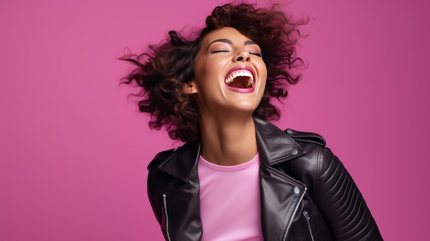 Jovem mulher ri contra um fundo rosa