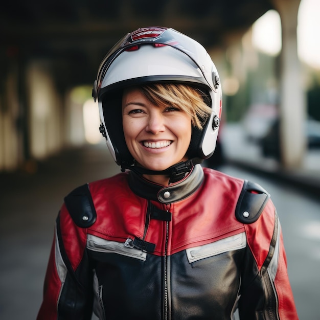 Jovem mulher rindo com cabelo curto usando equipamento de motocicleta e capacete vermelho e preto cores AI Gene