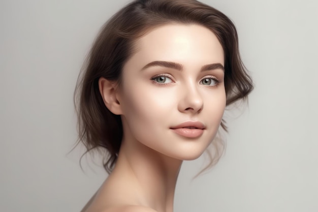 Jovem mulher rosto retrato modelo de beleza tocando maçãs do rosto mulheres cuidados com a pele facial e facelift tratamento sobre fundo branco sorrindo moda menina com maquiagem suave