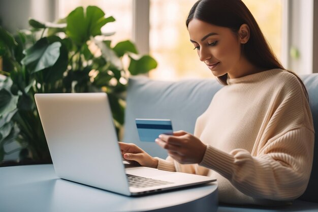 Jovem mulher segurando cartão de crédito e usando computador portátil em casa Empresária ou empresário trabalhando Compras on-line comércio eletrônico internet banking gastar dinheiro conceito