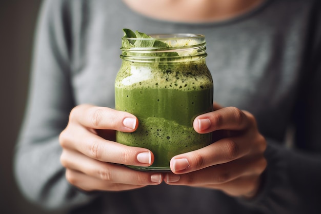 Foto jovem mulher segurando um frasco de smoothie verde gerar ai