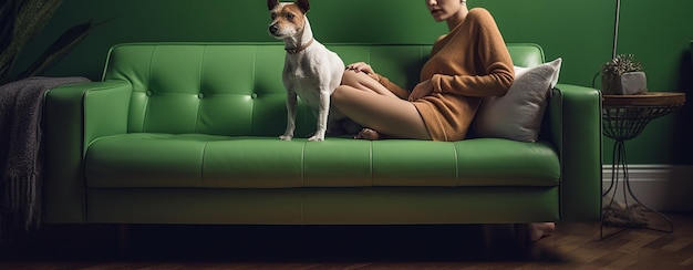 Jovem mulher sentada em um sofá verde com seu cachorro em homegenerative ai