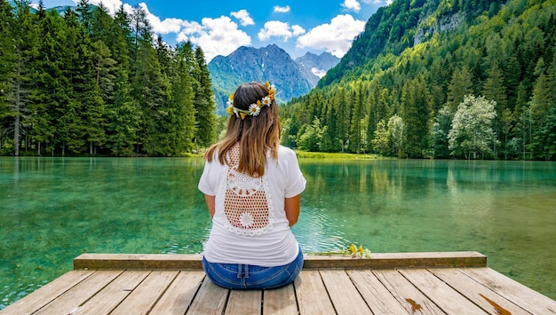 Jovem mulher sentada no convés perto de um belo lago nas montanhas. Zgornje Jezersko, Eslovênia