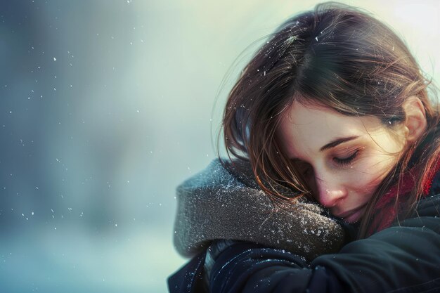 Jovem mulher serena abraçando-se no tempo nevado cena de inverno contemplativa com suave