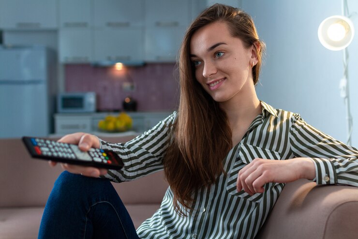 Foto jovem mulher sorridente feliz descansando e assistindo vários programas de tv em casa