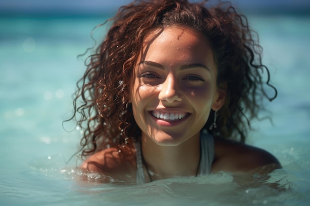 Jovem mulher sorridente na água na costa do Caribe