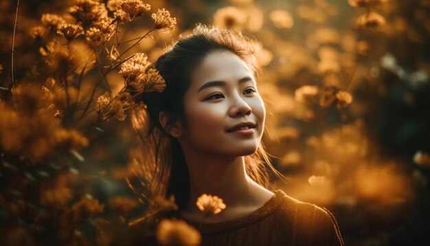 Jovem mulher sorrindo apreciando a beleza da natureza gerada pela IA