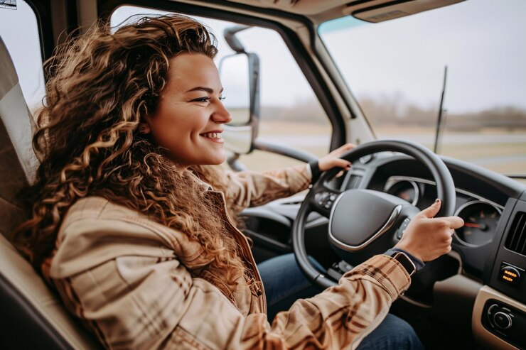 Foto jovem mulher sorrindo com longos cabelos loiros enrolados dirigindo uma carrinha