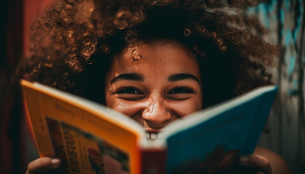 Jovem mulher sorrindo segurando o livro aproveitando o aprendizado e o relaxamento gerados pela IA