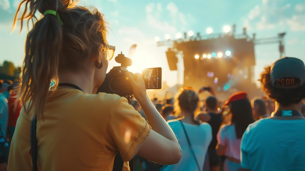 Foto jovem mulher tirando fotos com sua câmera em um concerto ela está vestindo uma camisa amarela e tem o cabelo em um rabo de cavalo