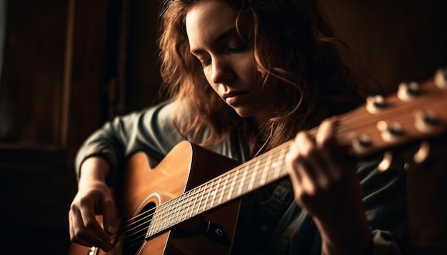 Jovem mulher tocando violão com concentração gerada por IA