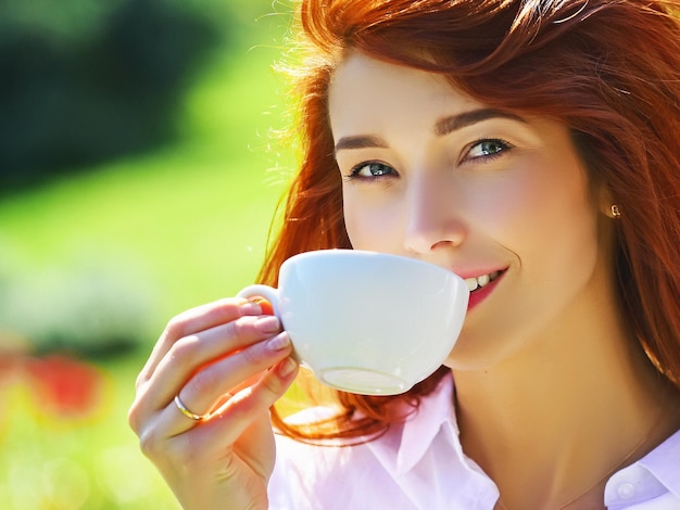 Jovem mulher tomando um café da manhã mediterrâneo e bebidas na moda café bebida latte retrato de verão de ...