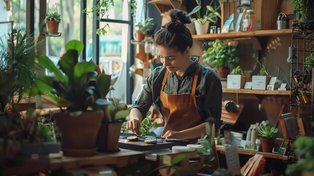 Foto jovem mulher trabalhando em uma loja de plantas ela está vestindo um avental e está cercada de plantas ela está sorrindo e parece feliz