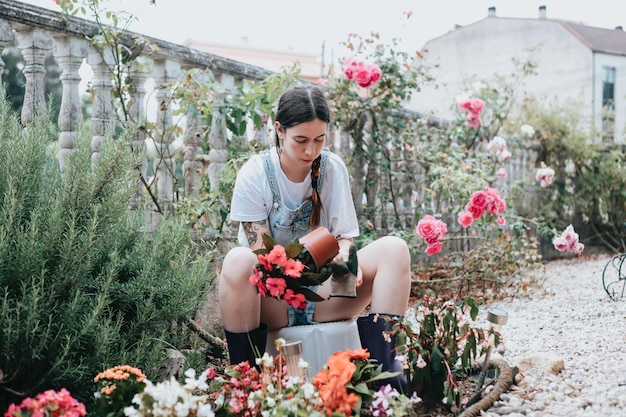 Jovem mulher trabalhando plantando e transplantando flores no jardim Conceito de jardinagem doméstica de cuidados com plantas Jovem florista cuidando de plantas em vaso