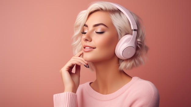 Jovem mulher usando fones de ouvido em um fundo rosa ouvindo sua música favorita