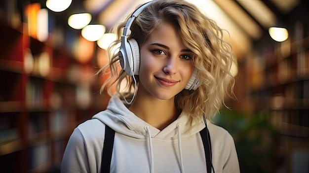 jovem mulher usando fones de ouvido sorri e está em um lugar público ouvindo audiolivros conceito de IA generativa