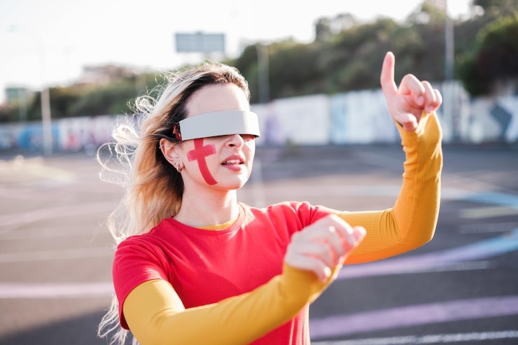 Foto jovem mulher usando óculos de realidade virtual para acompanhar sua equipe e torcer com novas tecnologias tecnologia de óculos de realidade virtual fãs do conceito