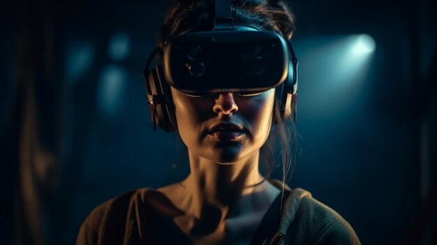 Jovem mulher usando óculos de realidade virtual Tecnologia futura e conceito de entretenimento generative ai