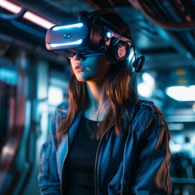 Foto jovem mulher usando óculos de realidade virtual tecnologia futura e conceito de entretenimento generative ai