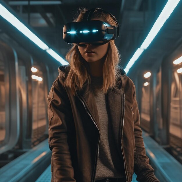 Jovem mulher usando óculos de realidade virtual Tecnologia futura e conceito de entretenimento generative ai