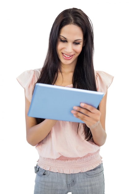 Foto jovem, mulher, usando, tablet, pc
