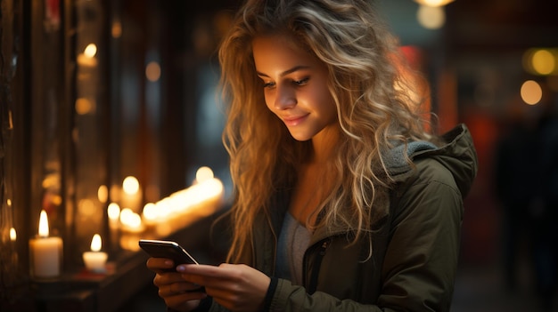 Jovem mulher usando telefone celular no café Menina loira mandando mensagens de texto em smartphonegenerative ai