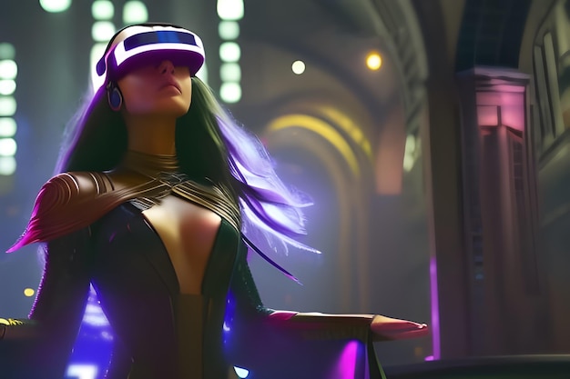 Jovem mulher usando um fone de ouvido VR e experimentando metaverso de simulação de realidade virtual e ciberespaço