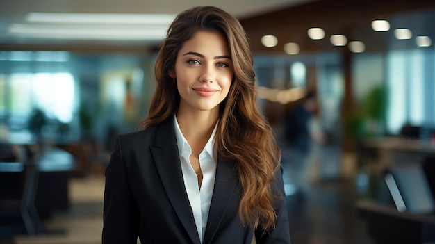 jovem mulher vestindo terno formal em empresa internacional pronta para entrevista de emprego