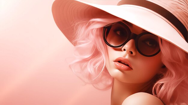 Jovem mulher vestindo um chapéu de palha e óculos de sol em uma cor de fundo rosa do ano 2024