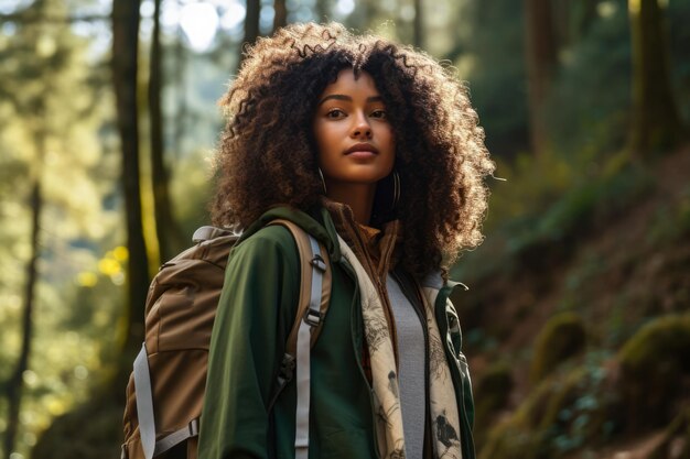 Jovem multiétnica caminhando na floresta