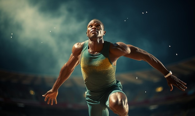 Jovem musculoso africano correndo e pulando pose de ação esportiva no fundo da pista de corrida do estádio