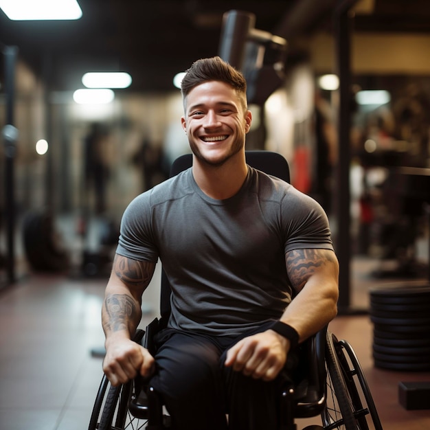 Jovem musculoso em cadeira de rodas olha para a câmera e sorri Conceito de deficiência e aptidão física Bodybuilder apto sentar-se em uma cadeira de rolos sorrir e desfrutar de exercícios atividade de lazer sozinho