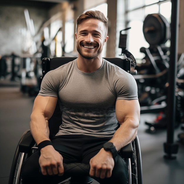 Jovem musculoso em cadeira de rodas olha para a câmera e sorri Conceito de deficiência e aptidão física Bodybuilder apto sentar-se em uma cadeira de rolos sorrir e desfrutar de exercícios atividade de lazer sozinho