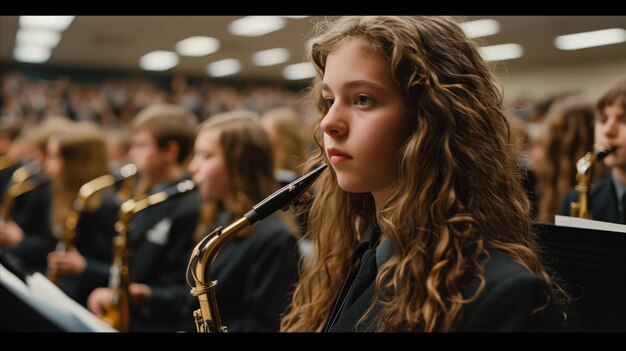 Foto jovem musicista tocando saxofone na banda da escola