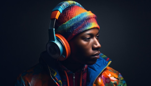 Jovem músico africano sorrindo ouvindo fones de ouvido gerados por IA