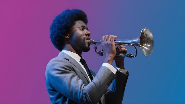 Jovem músico de jazz afro-americano cantando uma canção em azul roxo gradiente