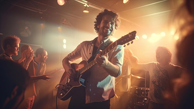 Jovem músico em concerto ao vivo com sua guitarra cercado por uma audiência entusiasta