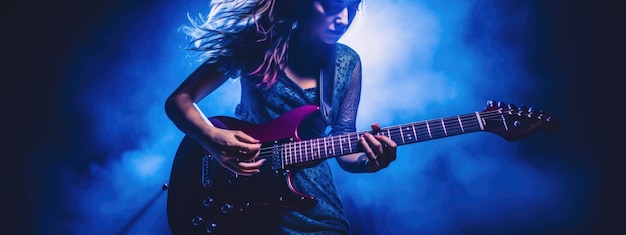 Jovem músico feminina tocando guitarra em um concerto de rock